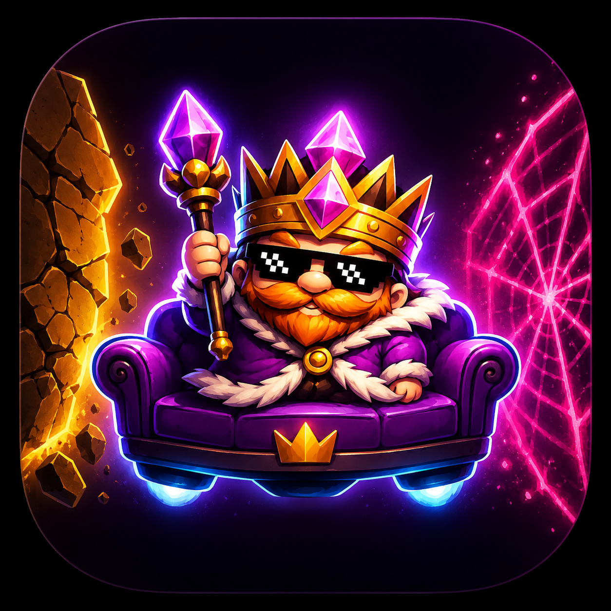 The Sofa King on a glowing purple throne-sofa between a gold wall and pink curse web