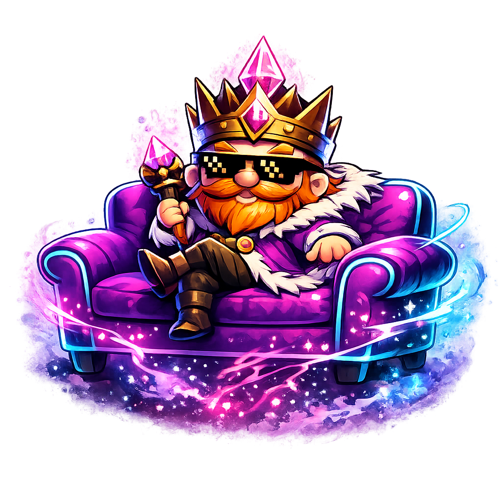 The Sofa King sitting on a neon purple throne-sofa with a glowing staff